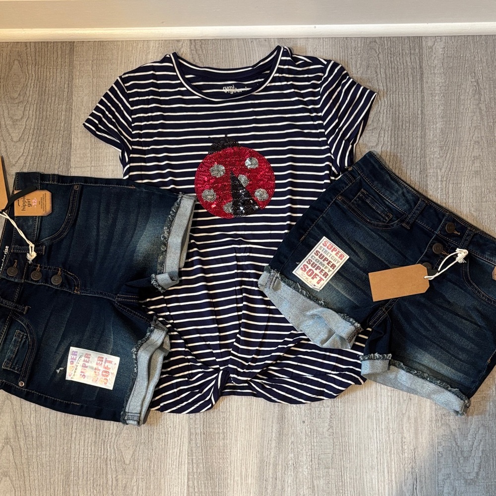 Bundle - Navy Striped Tee with Red Glitter Design + 2 pairs of jeans